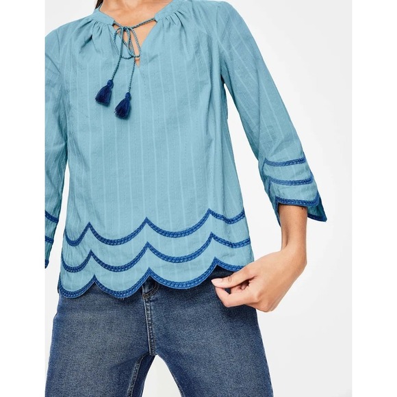 Boden Willa Flowy Peasant Blue Tassel Scalloped Hem Lined Top Boho Flirty Sz 6 - Picture 12 of 16